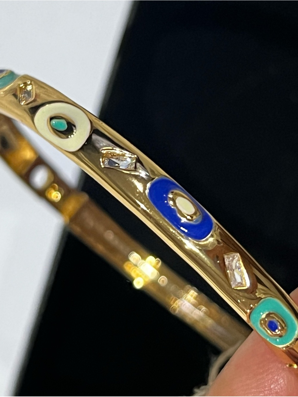 Gold Enamel Evil Eye Bangle Bracelet - Blue, Turquoise NEW